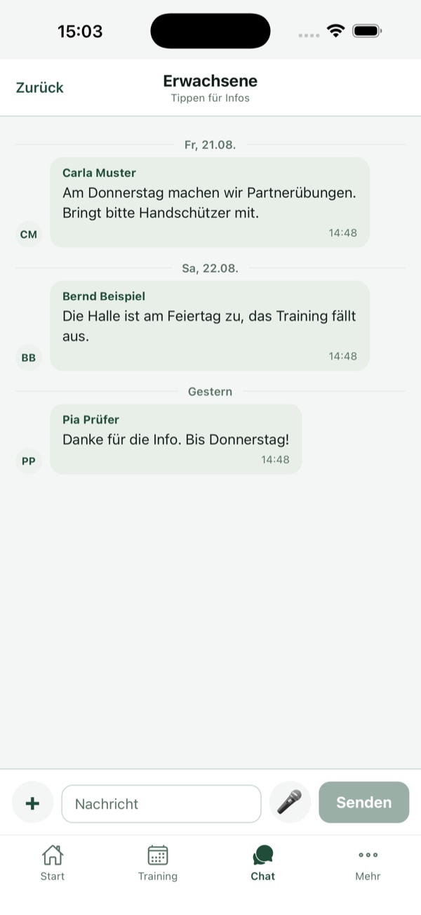 Klubsache: unsere Vereins-App 7 Gruppenchat in der Klubsache-App, Beispieldaten
