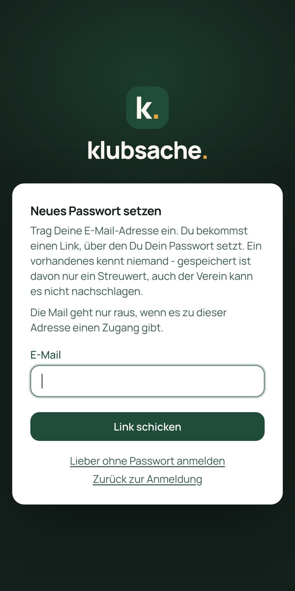 Klubsache: unsere Vereins-App 4 Seite Neues Passwort setzen von Klubsache mit Feld für die E-Mail-Adresse